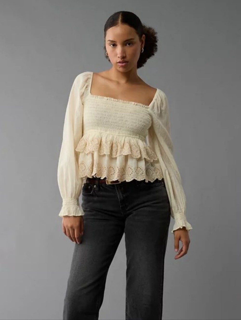 American Eagle Smocked Long-Sleeve Tiered Eyelet Top